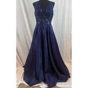 Navy Blue Sequin Embroidered V-Neck Satin A-Line Formal Evening Gown Dress
